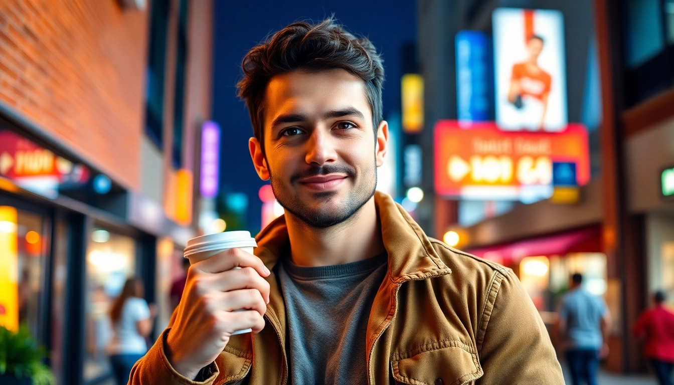 Tinder bilder von einem Mann, der selbstbewusst in einer urbanen Umgebung posiert.