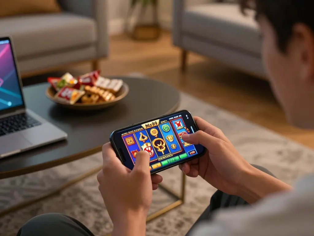Player enjoying slots on the Me99 app during a cozy home gaming night