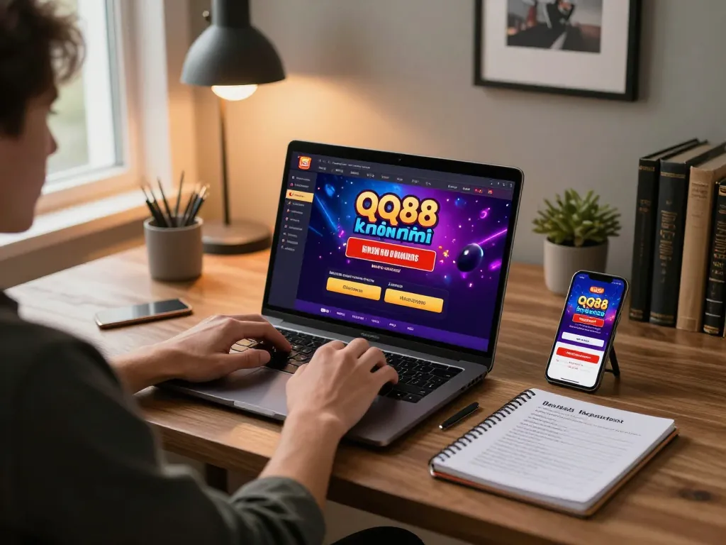 Engaging scene showcasing a player focused on qq88 khuyến mãi promotions at an online casino setup with a laptop and notebook.