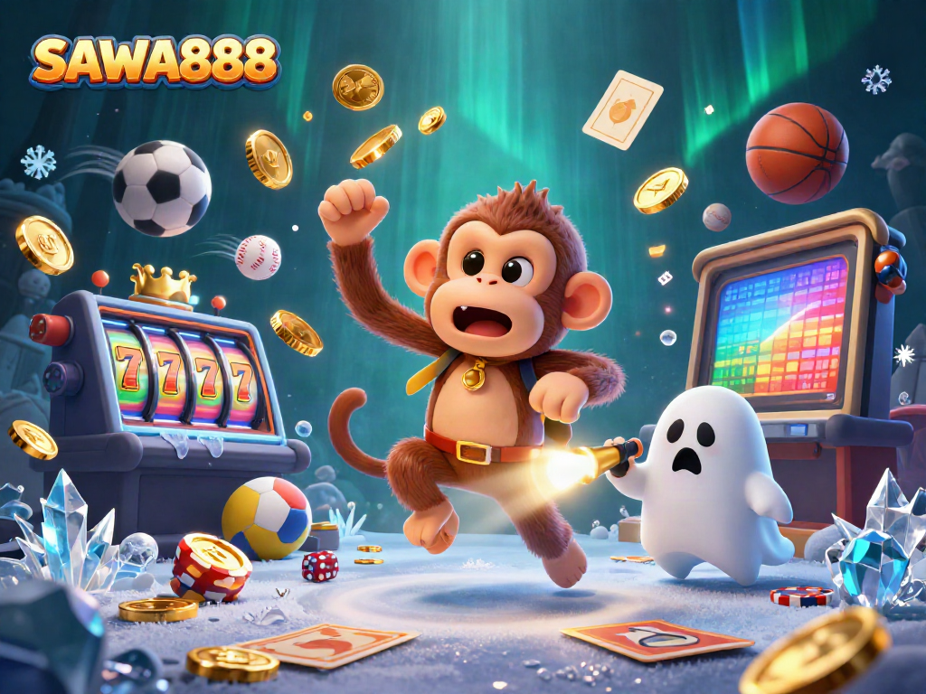 Experience winning spins at SAWA888 with a playful monkey juggling golden coins in a casino scene.