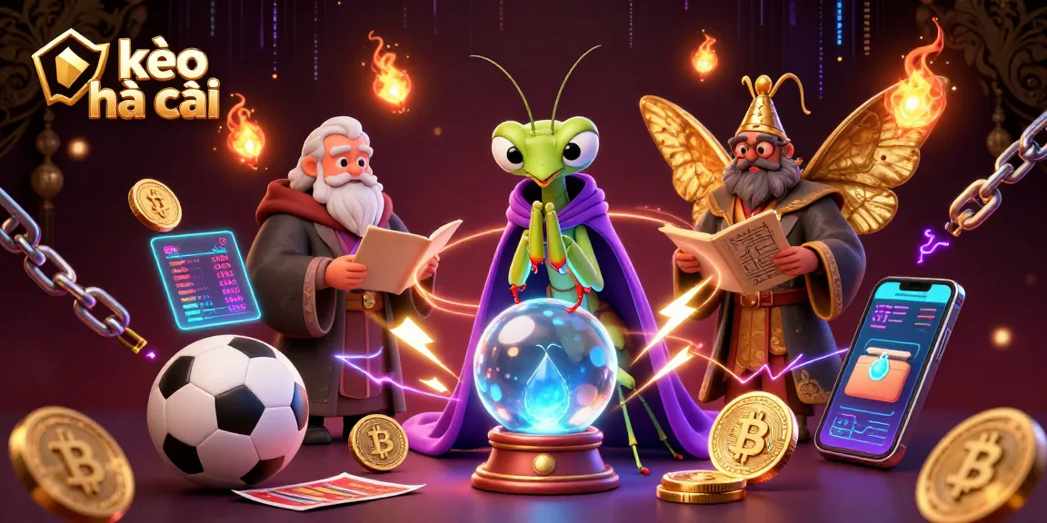 Engage with kèo nhà cái strategies illustrated by a fortune teller and moth librarian surrounded by sports betting elements.