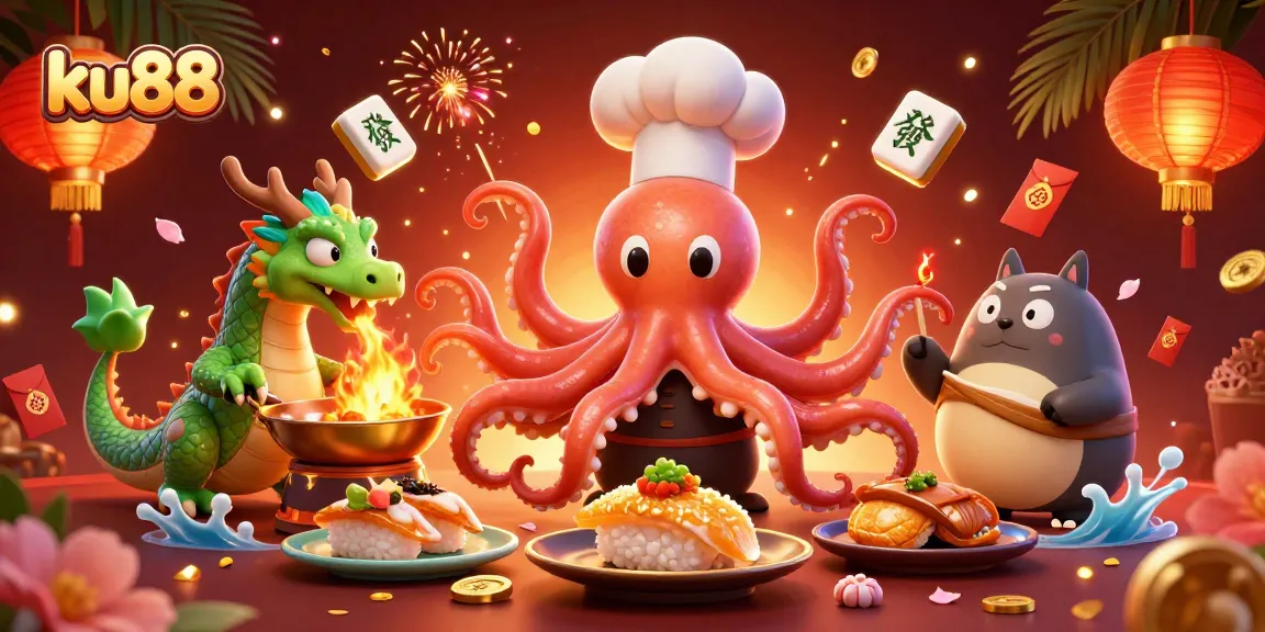 Experience thrilling gameplay at ku88 with a vibrant 3D casino scene showcasing an octopus chef.