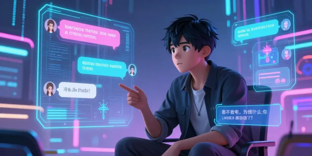 AI hentai chat character in a vibrant virtual landscape, engaging in conversation.