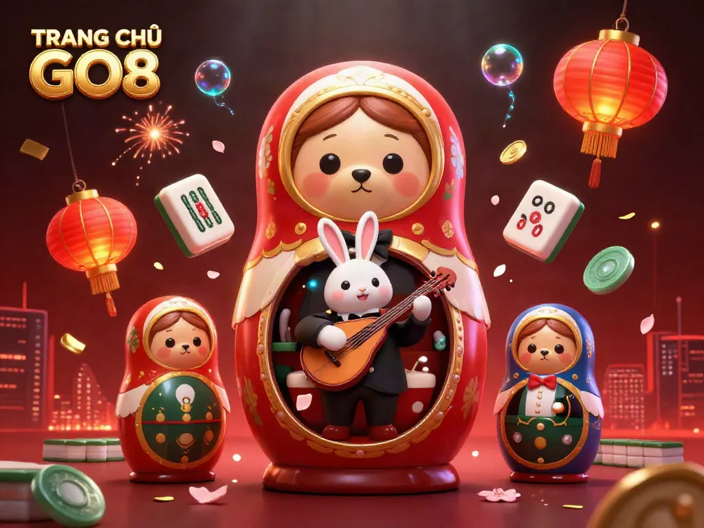 Engage with TRANG CHỦ GO8 through festive gaming elements in a vibrant casino-inspired scene.