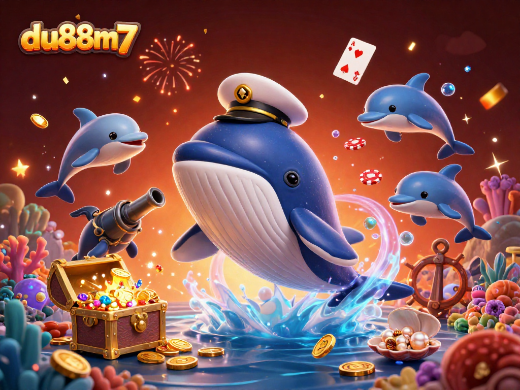 Engage with du88m7's thrilling underwater casino adventure featuring a captain whale and playful dolphins.