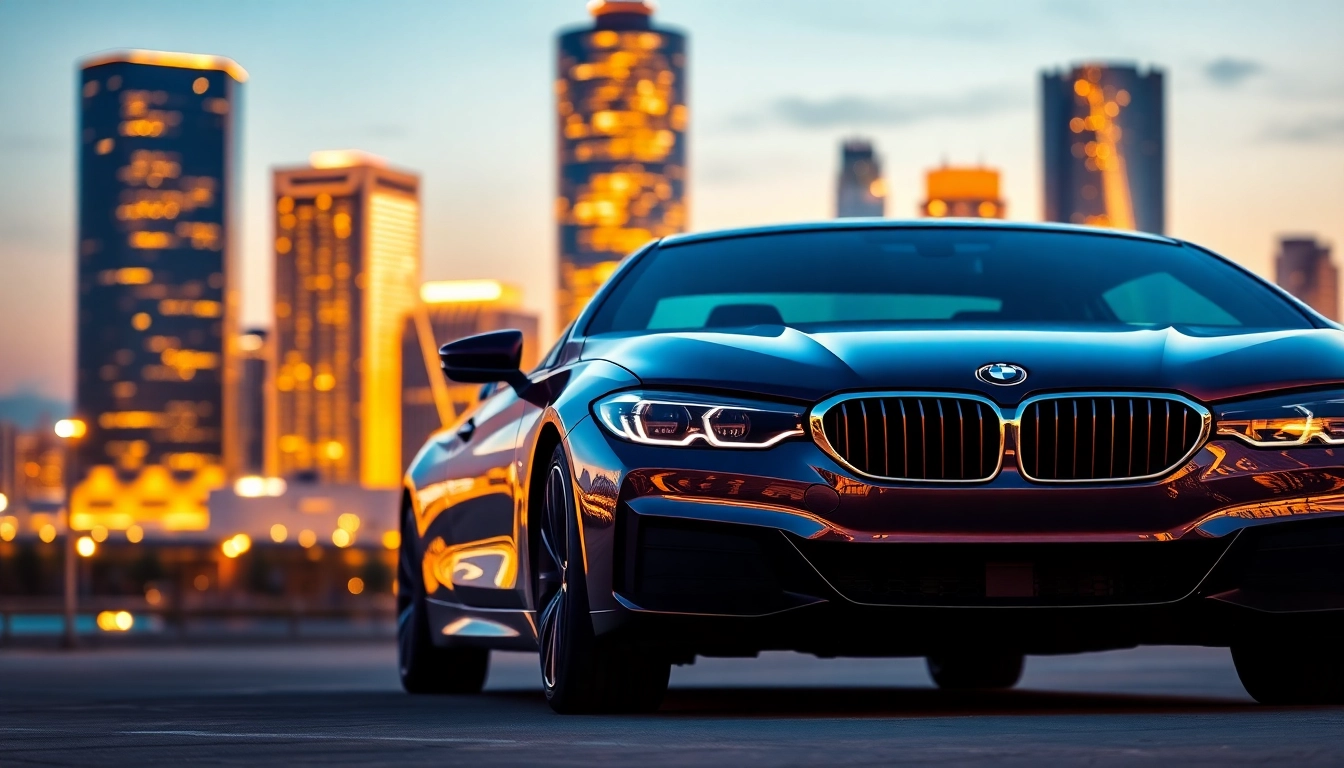 BMW kaufen: Modernes Auto vor einer Stadtansicht bei Sonnenuntergang
