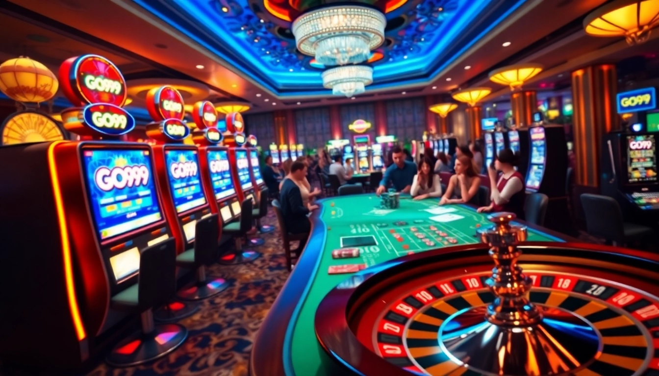 Excited players engaging with GO99 logo at a luxurious slot machine in a vibrant casino environment.