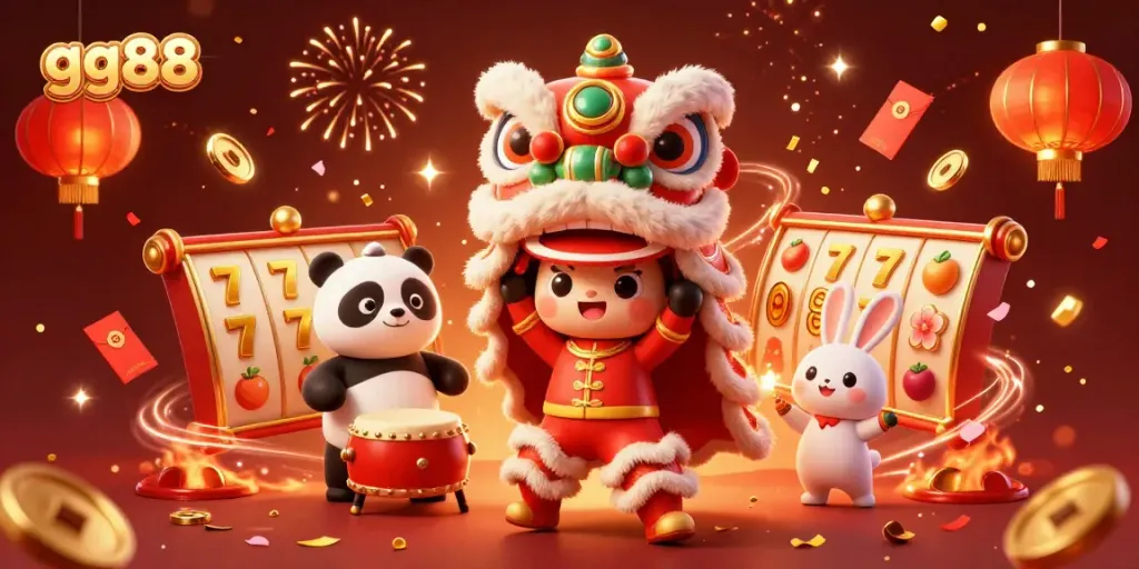 Engage with the vibrant spirit of gg88, featuring a lively lion dance costume and festive symbols of luck.