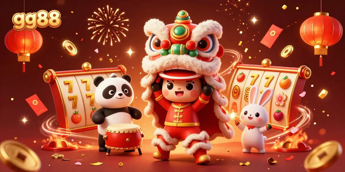 Engage with the vibrant spirit of gg88, featuring a lively lion dance costume and festive symbols of luck.