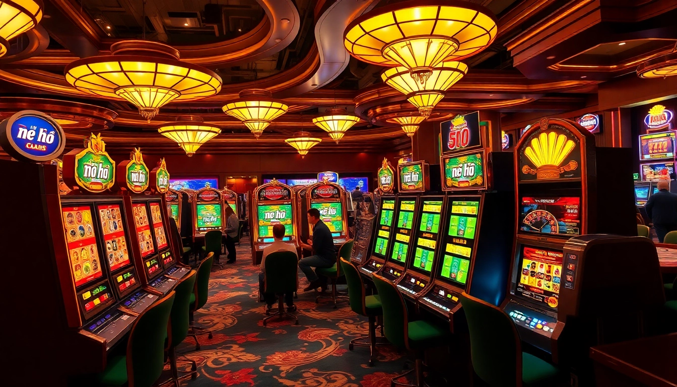 Players engaging with vibrant nổ hũ slot machines in a luxurious casino setting.