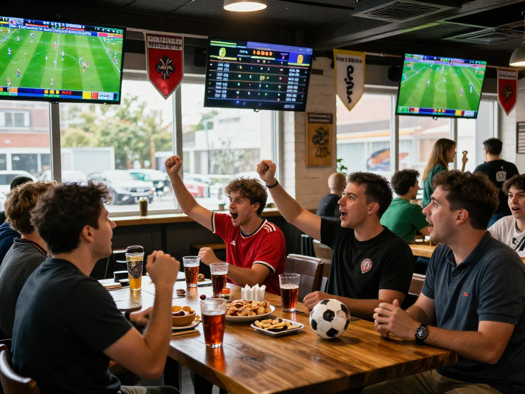 Wetten Fußball in einer Sportsbar mit begeisterten Fans und Live-Matches.
