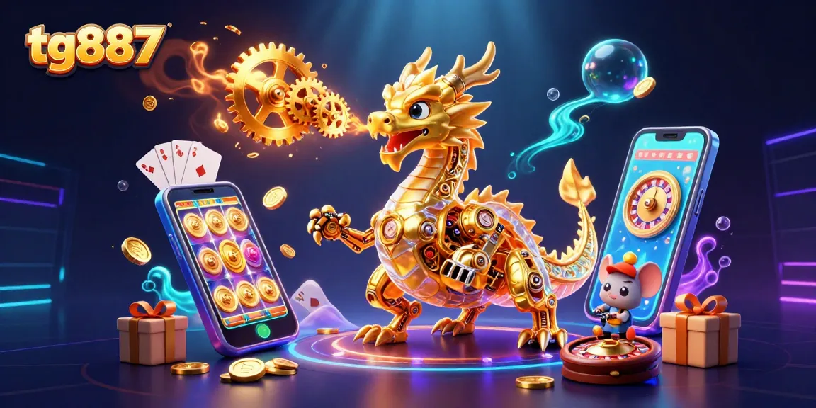 Spin and win at tg887 with a golden dragon creating gears and vibrant casino elements.