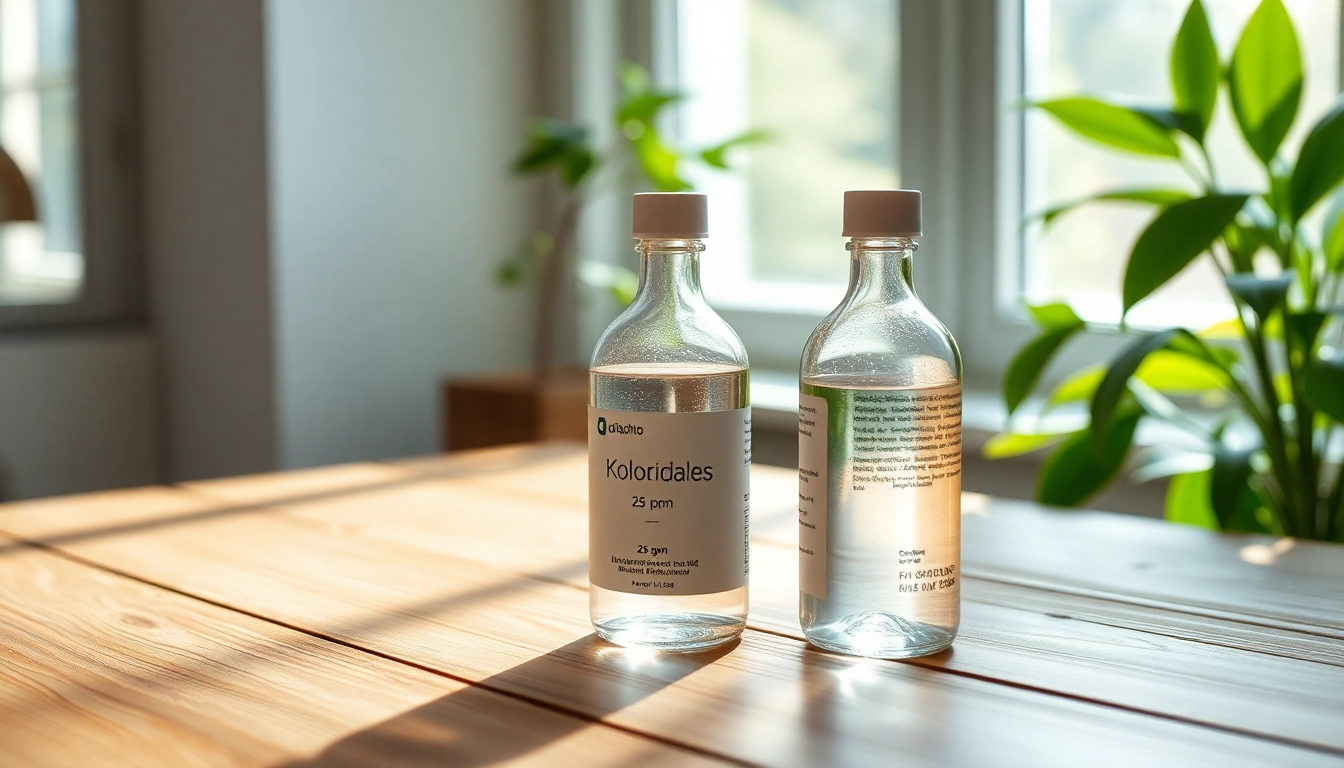 Showcasing Kolloidales Silber 25 ppm in an elegant bottle surrounded by lush greenery, promoting wellness.