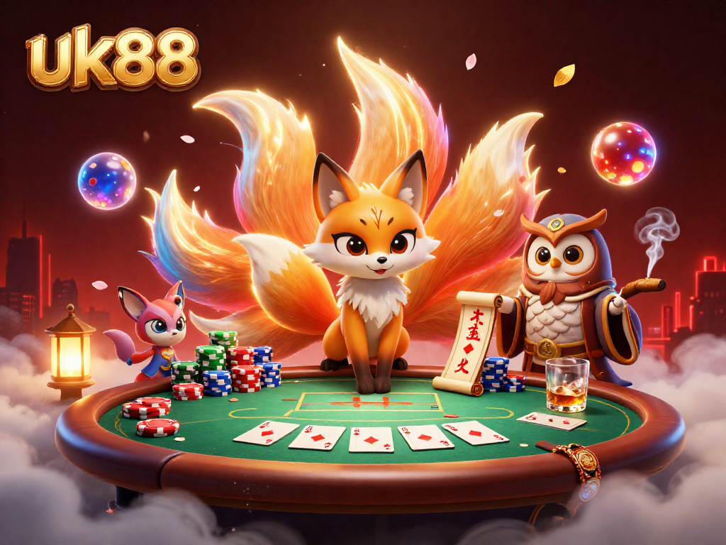 Engage with the vibrant uk88 gaming experience featuring a nine-tailed fox spirit and poker elements.