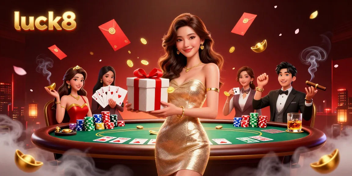 Experience luck8's festive casino scene with a welcoming Asian woman holding coins and surrounded by rich gaming elements.