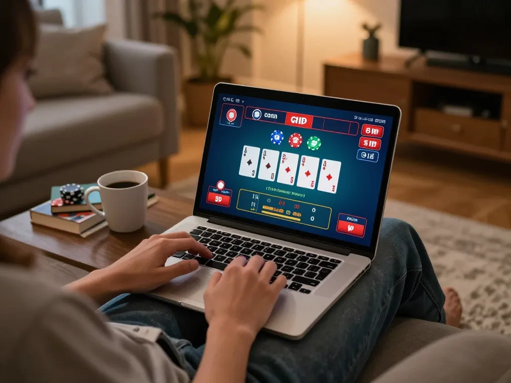 Engaged player using gg88 online casino app on laptop, showcasing excitement of blackjack.