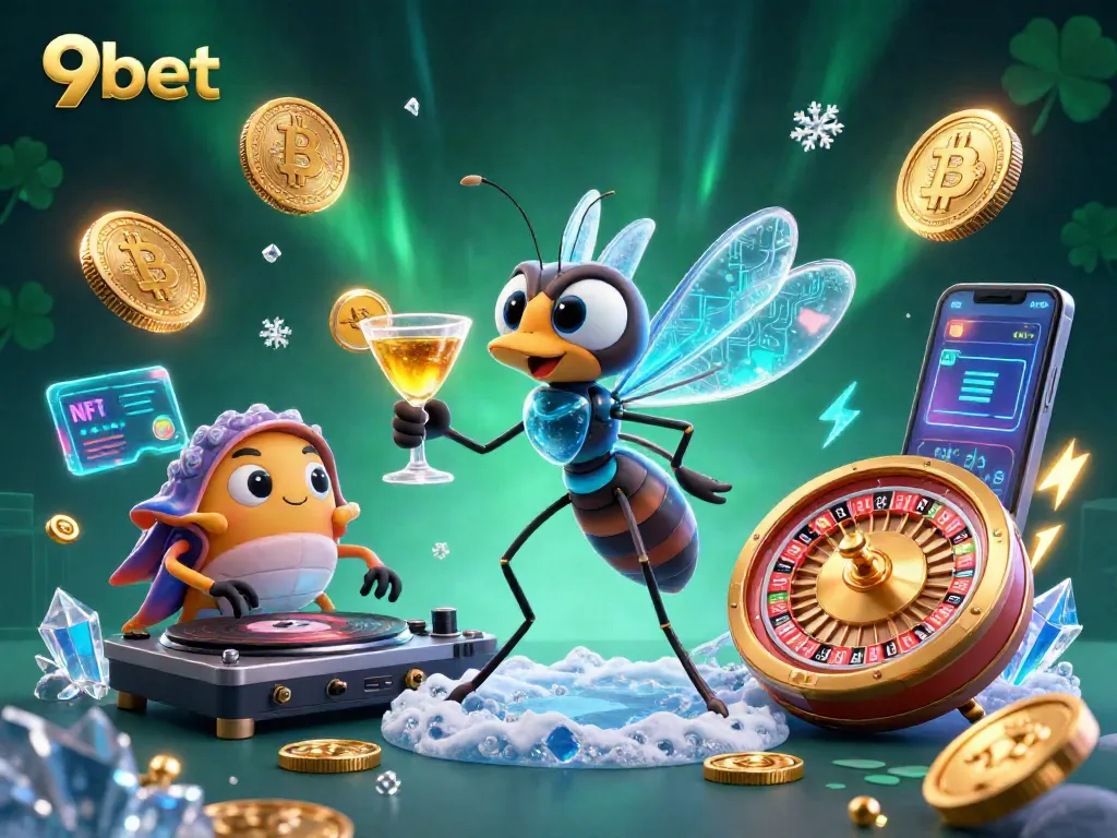 Engage with 9bet's vibrant 3D casino scene featuring unique characters and crypto elements.