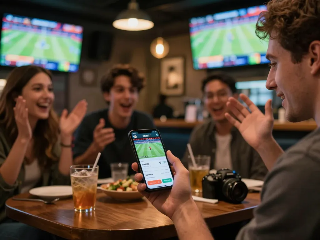 Player engaging with the ssbet77 app for sports betting, showcasing excitement and strategy in a vibrant social setting