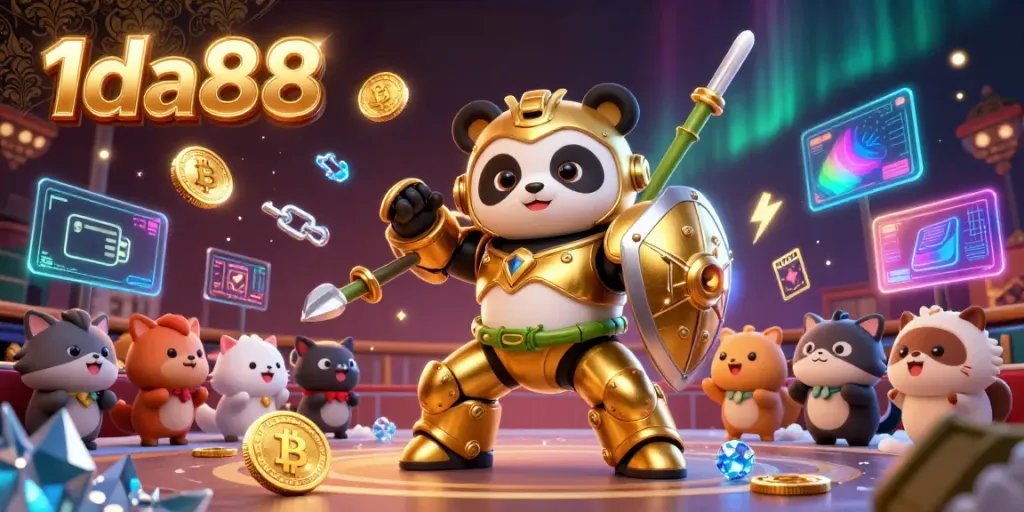 Experience gaming at 1da88 with a vivid 3D scene of a golden panda in a mech-suit during an energetic casino showdown.