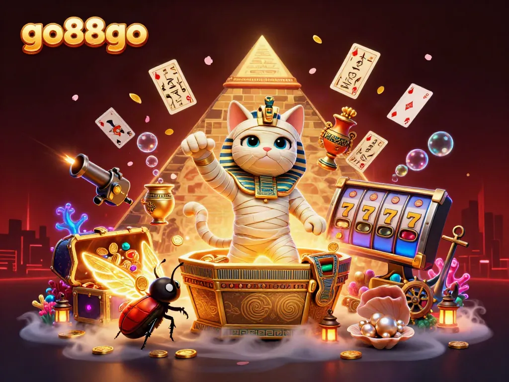 Betting with go88go reveals thrilling action featuring Egyptian mummy cat and vibrant casino elements.