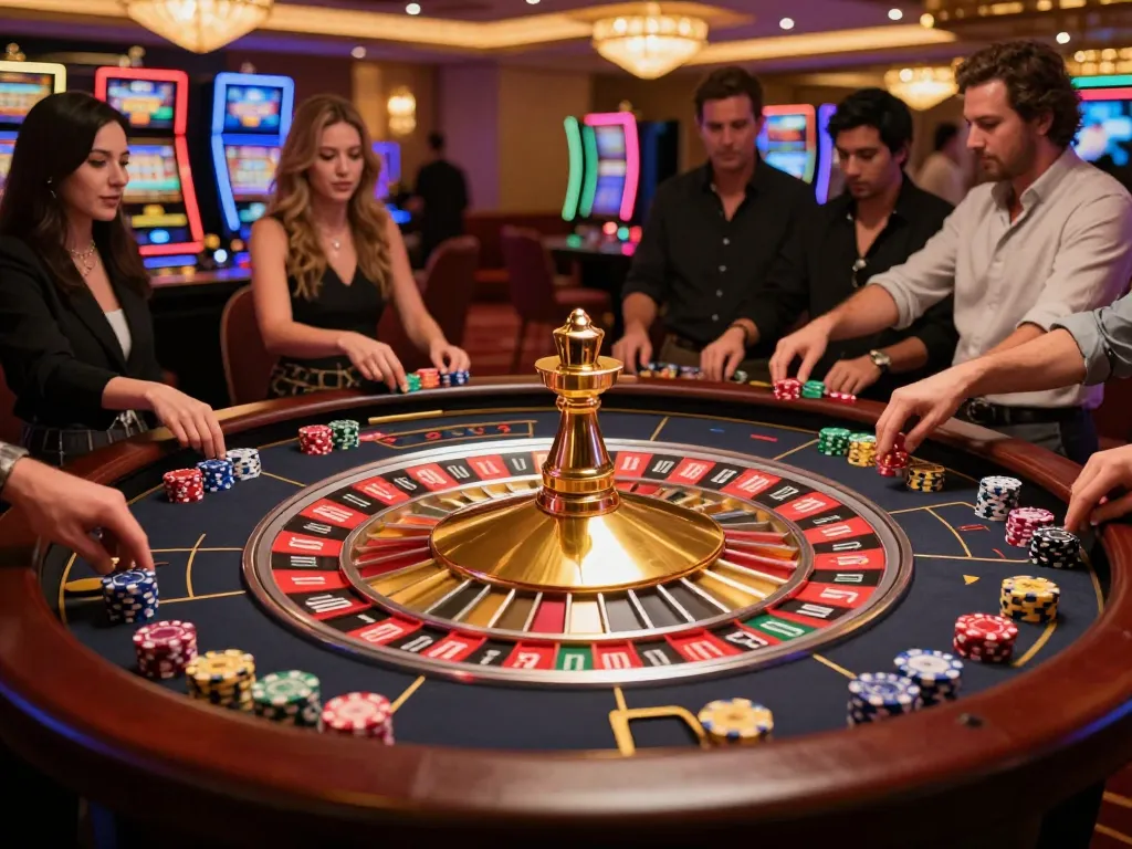 Engage in thrilling roulette action at trang chủ tr88 with players placing bets as the wheel spins.