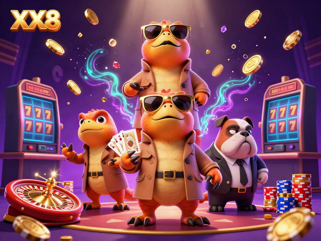 Catch the action at XX8, where raptors in disguise attempt a VIP casino entry amid flying gems and coins.