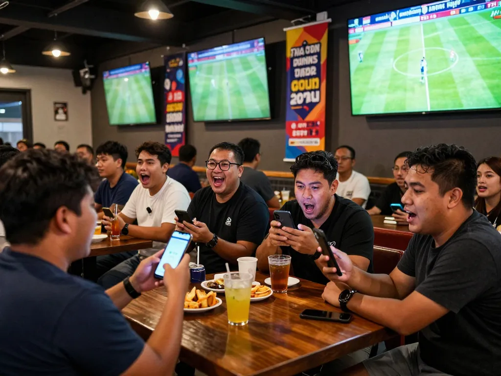 Experience the thrill of ไฮไลท์ฟุตบอล 7m betting at a lively sports bar with fans engaged on mobile apps.
