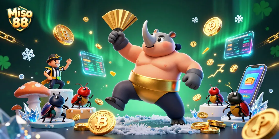 Miso 88 showcases thrilling gameplay as a beetle sumo champion stomps gold coins amidst a vibrant casino scene.