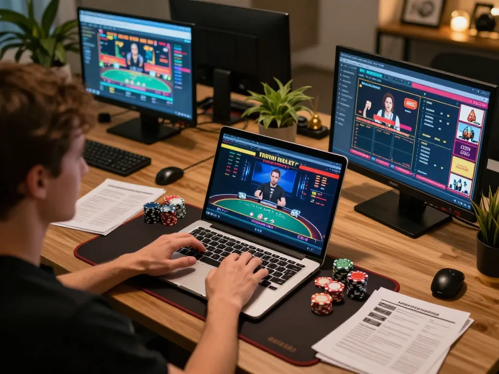 Engaging gameplay of RR88 online poker with player strategizing at a modern setup