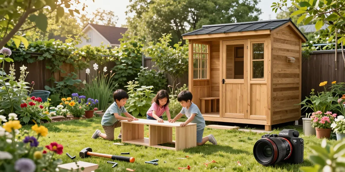 Schönes Gartenhaus aus Holz, eine Familie beim Möbelaufbau, blühende Pflanzen und sonnige Atmosphäre.
