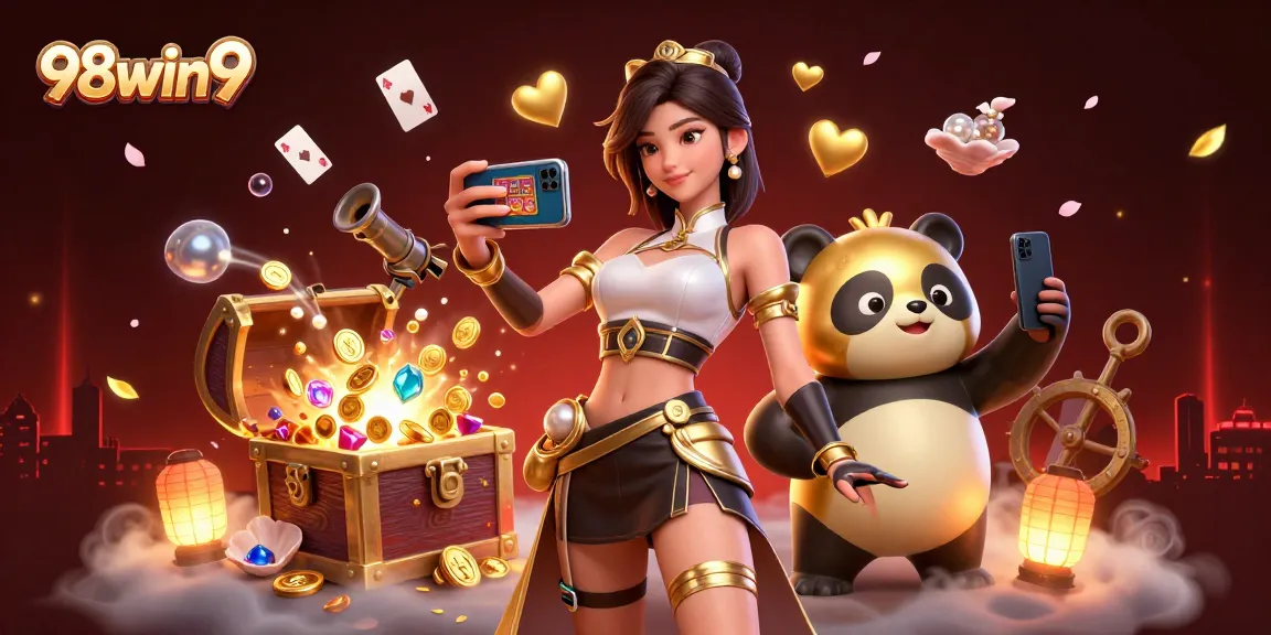 Experience thrilling moments at 98win9, featuring a woman with a smartphone and a golden panda in a lively casino setting.