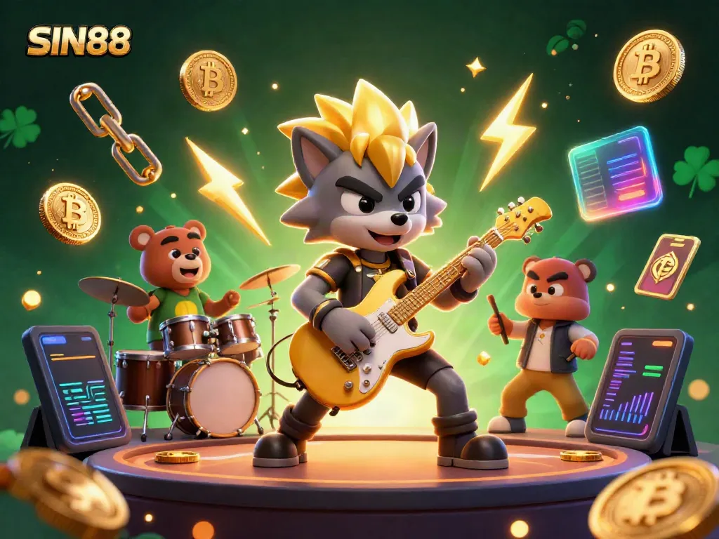 Experience thrilling gameplay at SIN88 with a rock star wolf and drummer bear on stage, capturing the excitement of online betting.