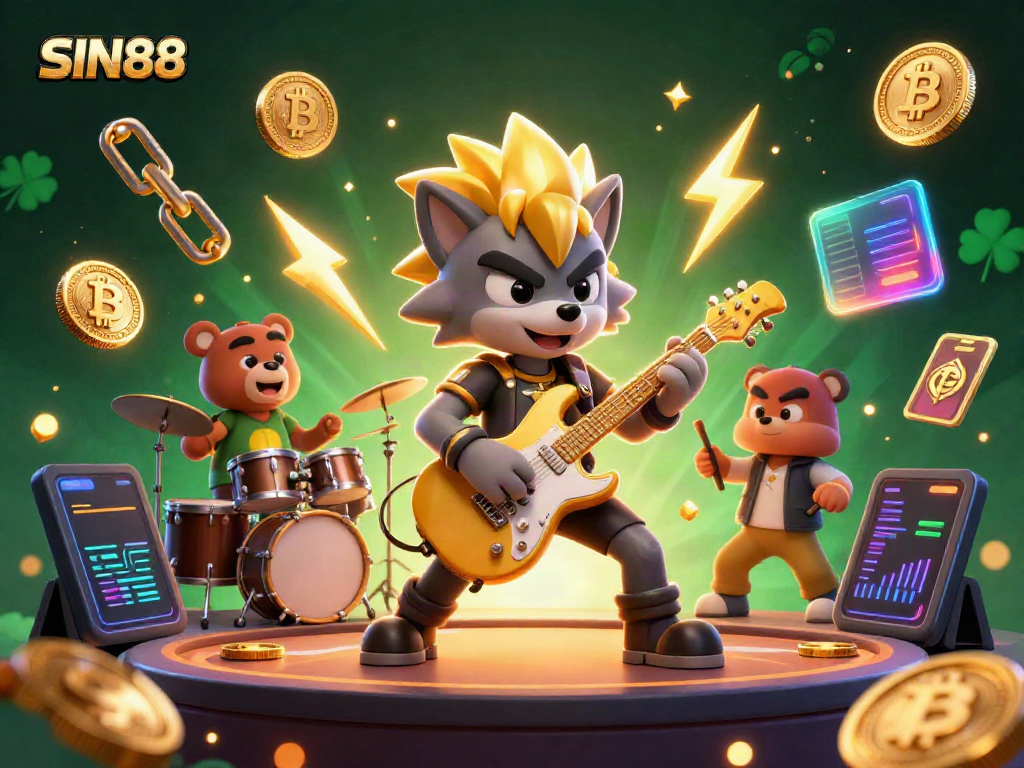 Experience thrilling gameplay at SIN88 with a rock star wolf and drummer bear on stage, capturing the excitement of online betting.