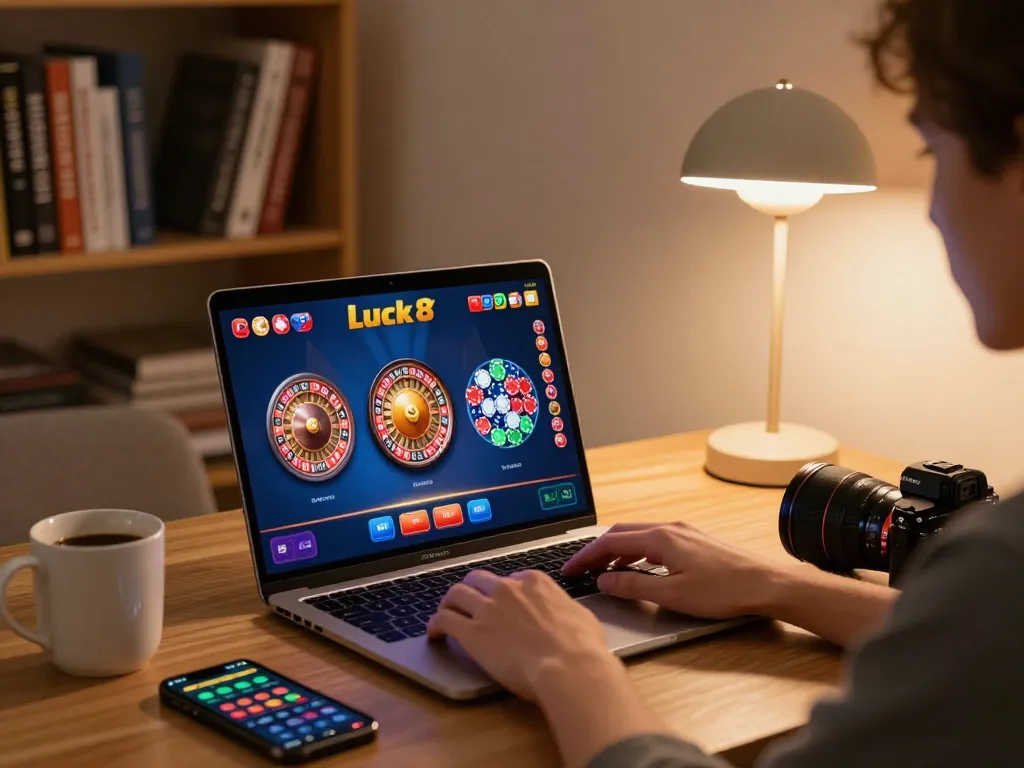 Person enjoying a strategic online gaming experience on Luck8 at home with vibrant roulette interface.