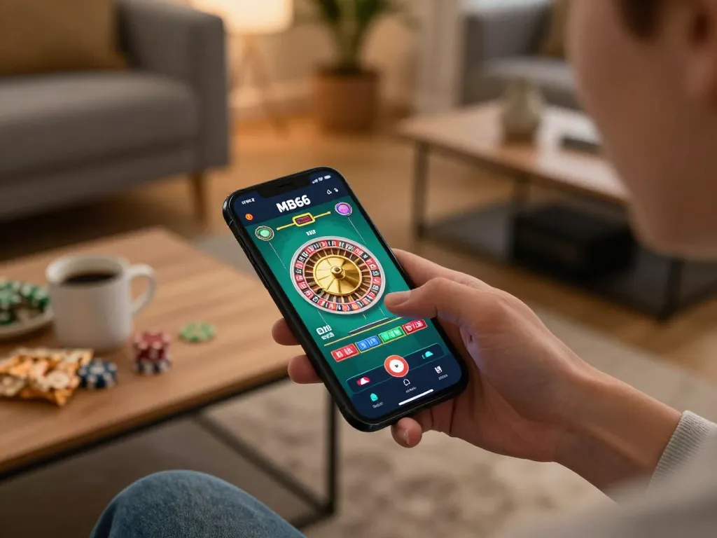 Experience MB66 mobile gaming excitement with dynamic roulette action in a cozy home setting.