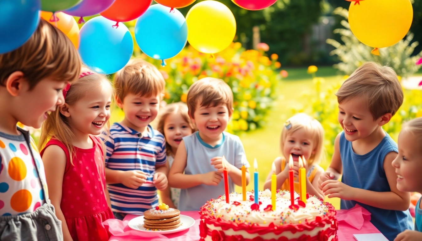 Kindergeburtstag 4 Jahre mit fröhlichen Kindern, bunten Ballons und einer wunderschönen Torte.