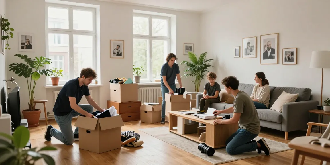 Professionelles Team bei einer Wohnungsauflösung in Berlin Kreuzberg, Familie bespricht Gegenstände im Wohnzimmer.