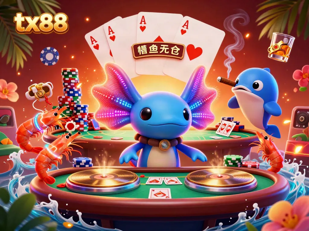 Experience the vibrant fun of tx88 with a neon axolotl DJ and lively sea creatures at a poker table.