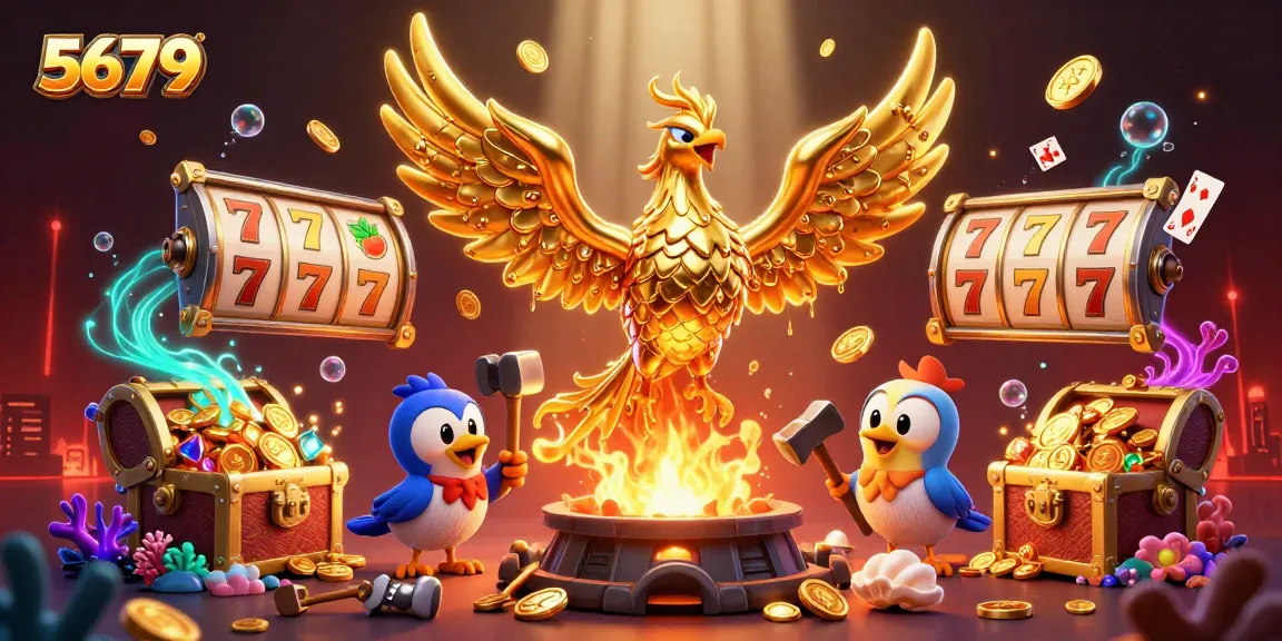 Experience thrilling gameplay at 5679 with golden phoenix and slot elements in a vibrant casino scene.