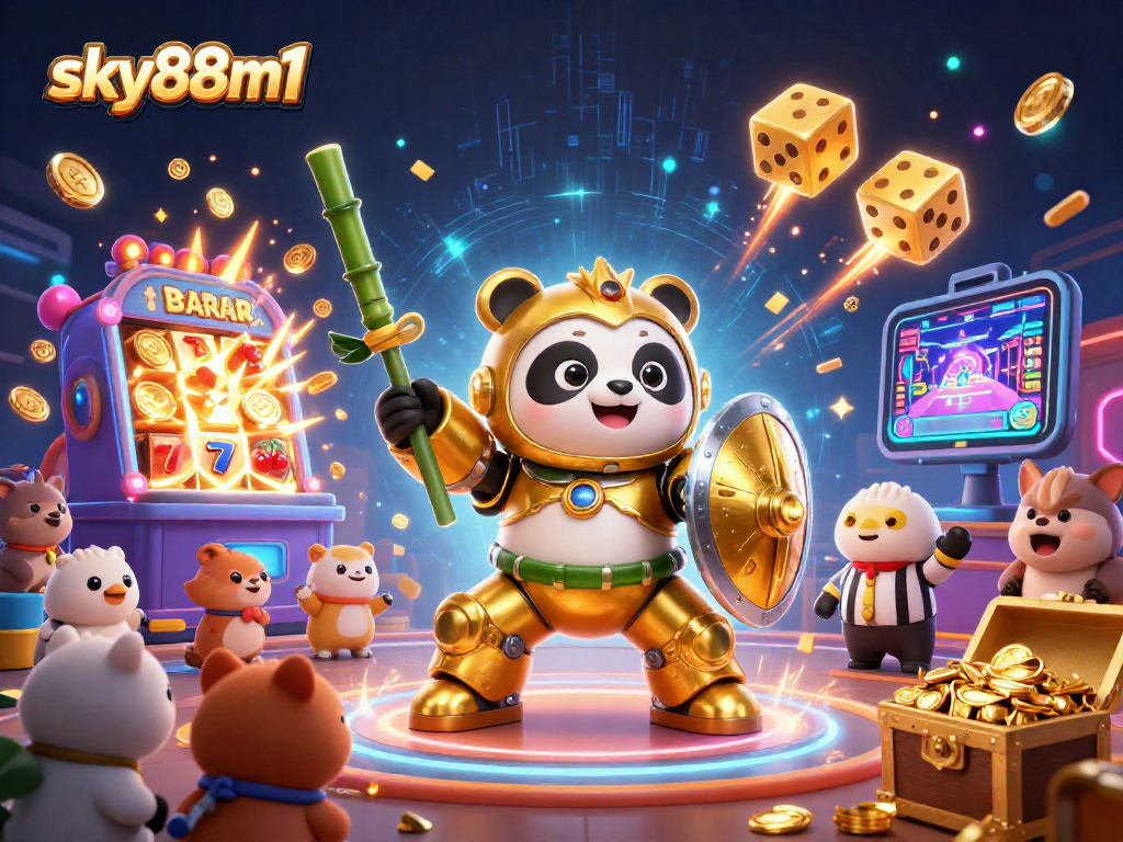 Experience the excitement of sky88m1 with a 3D golden panda battling in a casino jackpot scene.