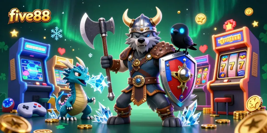 Bet various games and win big with five88 in this colorful 3D casino scene featuring a Viking wolf warrior.