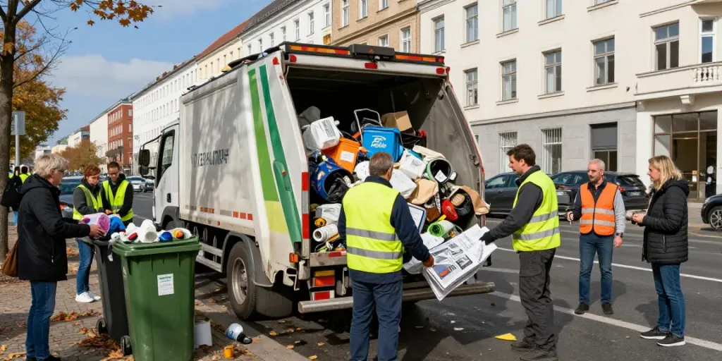 Sperrmüll Abholung Berlin: Abholung von Sperrmüll durch ein professionelles Team auf einer belebten Straßenszene in Berlin.