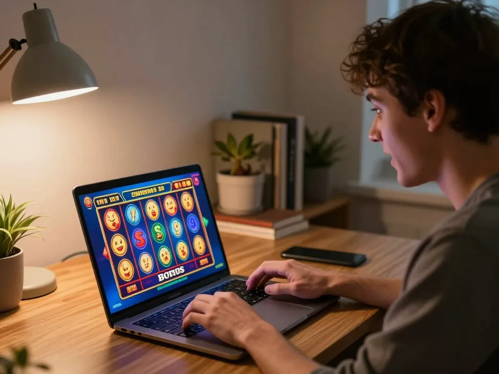 Player engaging with a slot bonus game on laptop at home, showcasing excitement and strategy.