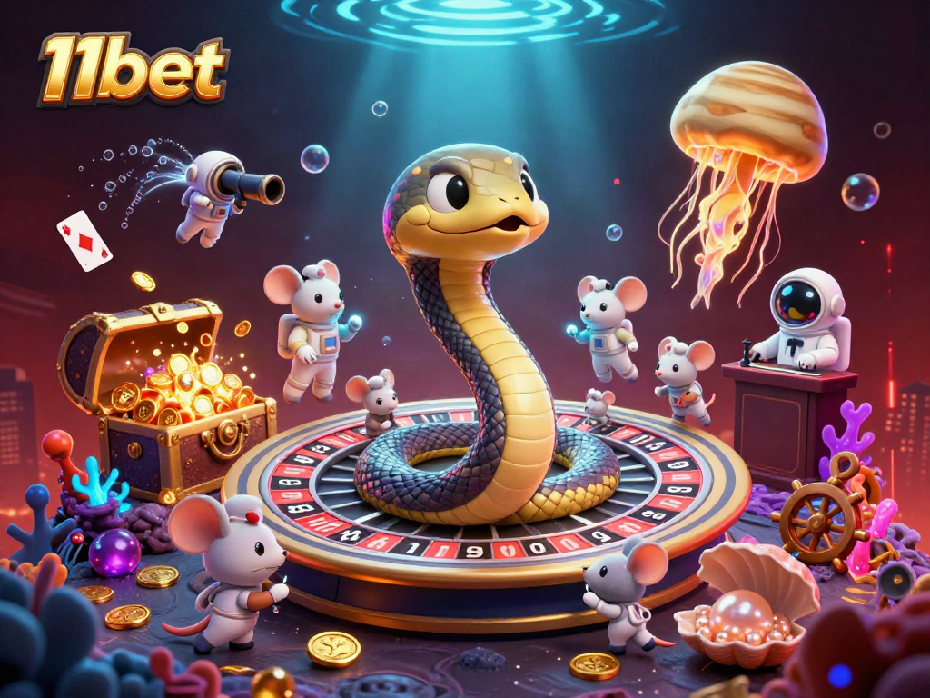 Engage in thrilling gameplay at 11bet with a 3D cosmic casino illustration featuring betting mice.