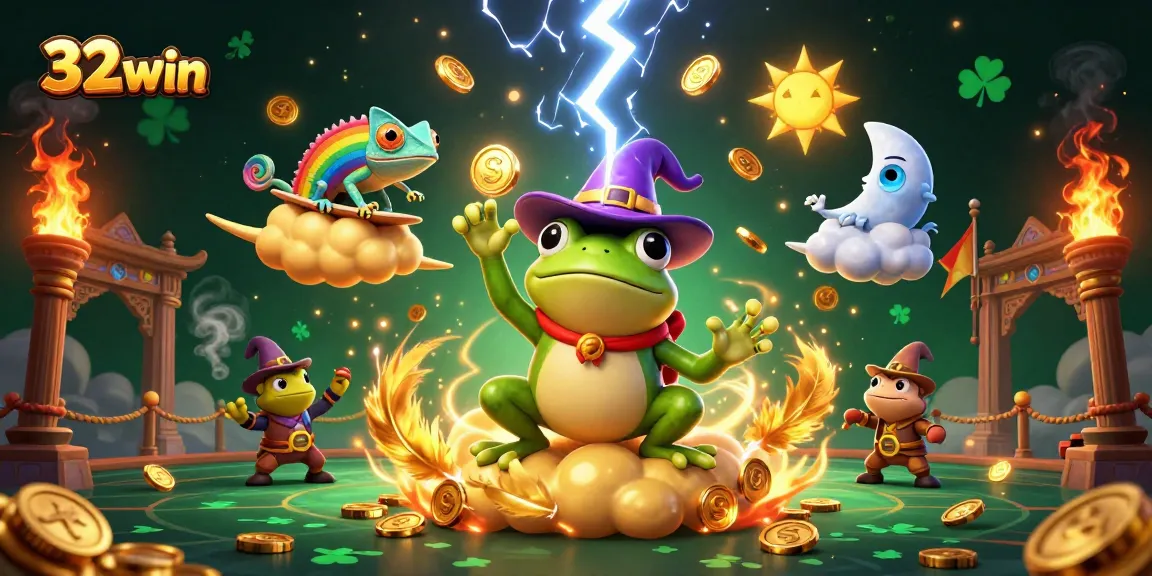 32 win promotes exciting gameplay, featuring a wizard frog and chameleon among golden coins in a festive casino scene.