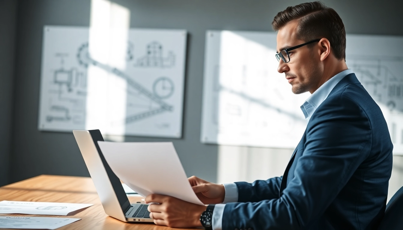 Headhunter Ingenieure prüft Bewerbungen in einem modernen Büro mit Engineering-Designs im Hintergrund.