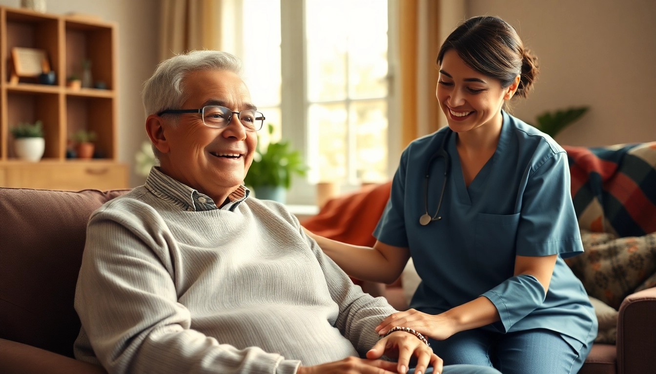 Pflegedienst Griesheim: Caring professional supporting elderly individual in a warm home environment.