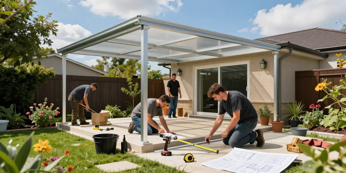 Moderne Terrassenüberdachung freistehend im sonnigen Garten mit Handwerkern.