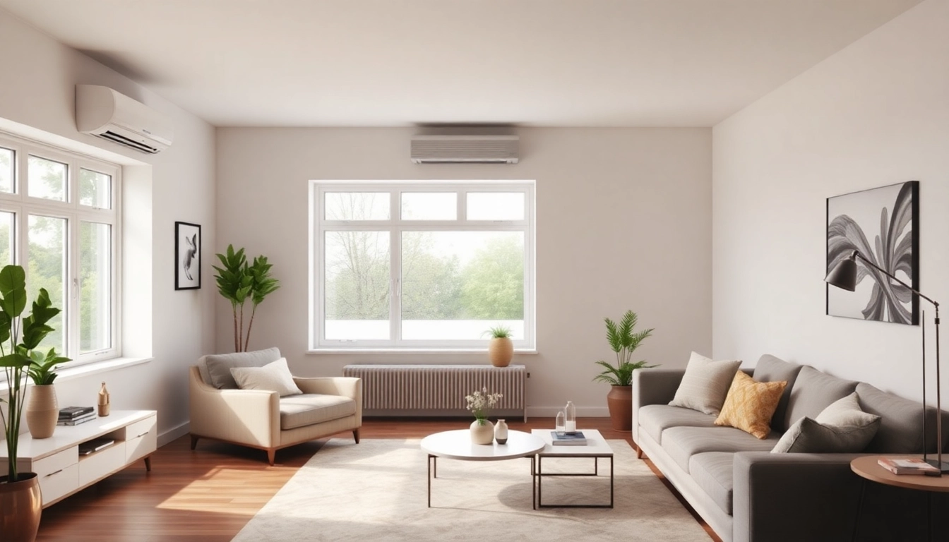 Klimaanlagen kaufen: Modernes Wohnzimmer mit eleganter Klimaanlage für angenehmes Raumklima.