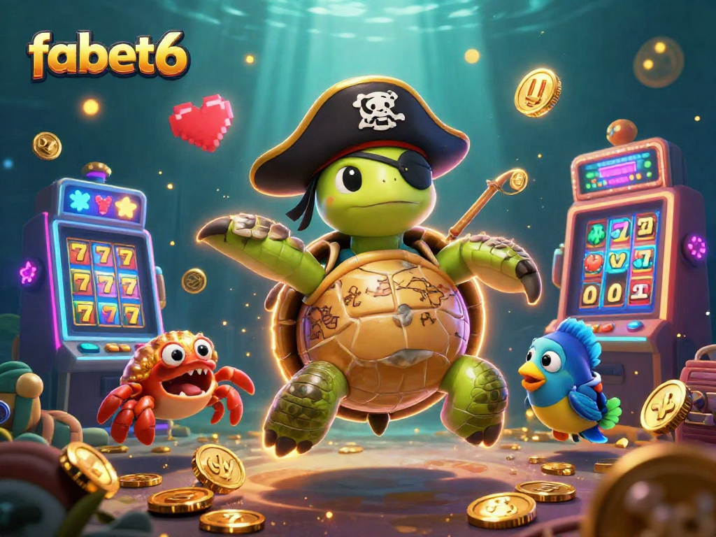 Join the adventure in fabet6 with the pirate turtle and treasures in this casino-themed illustration.